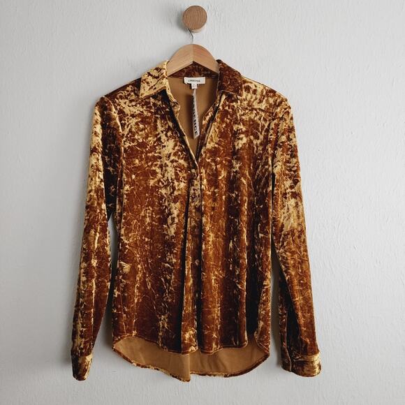 NWT L'Agence Laurent Crushed Velvet Burnout Button Down Blouse XS Khaki - Picture 4 of 11